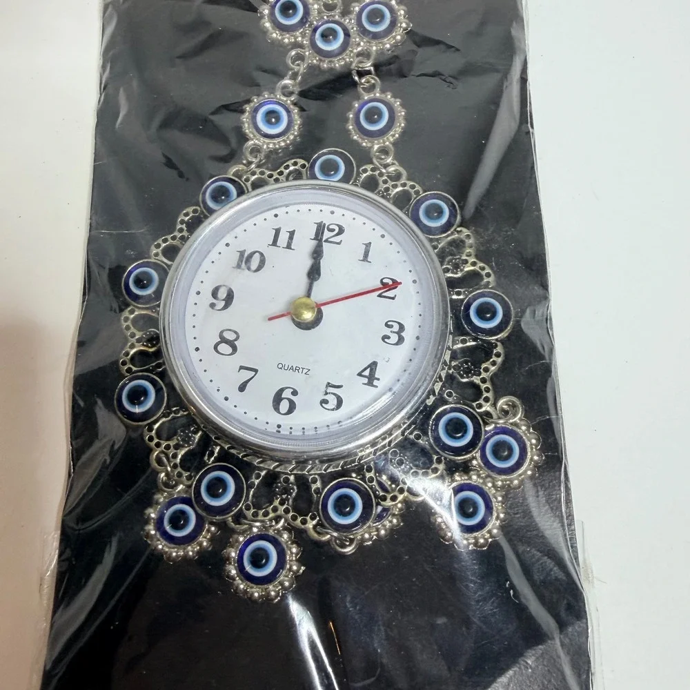 Silver Turkish Hamsa Hand Evil Eye Wall Hanging Clock Nazar Protection Decor